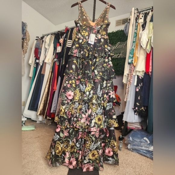 MARCHESA NOTTE,TIERED EMBROIDERED GOWN - Picture 9 of 13